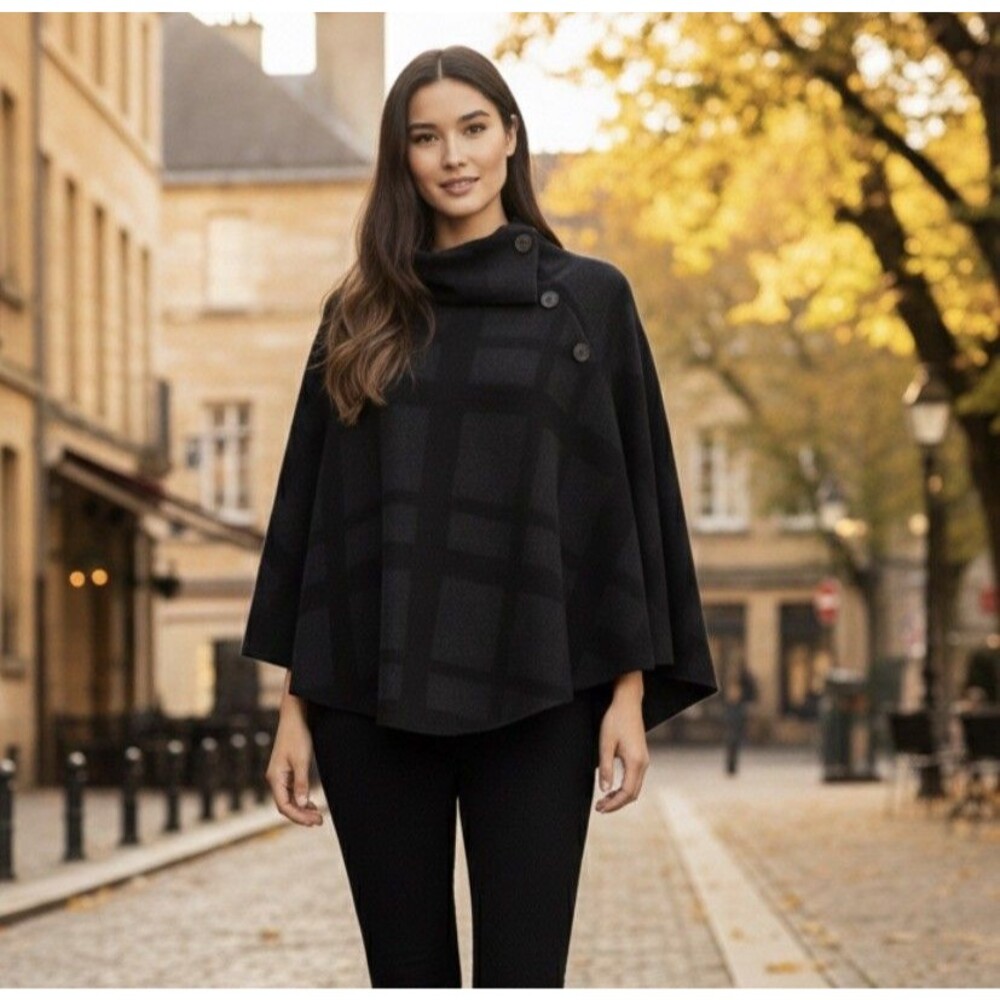 Eileen Fisher Black Gray Square Print Poncho Sweater Cape Merino Wool - One Size - Picture 1 of 6